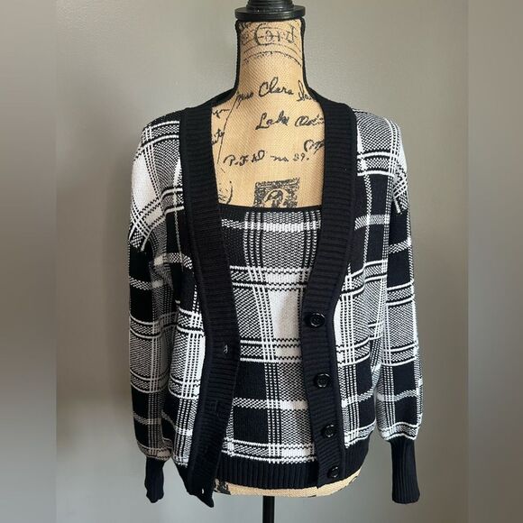 Venus black white checkered sweater cardigan set small academia preppy office - Picture 9 of 10